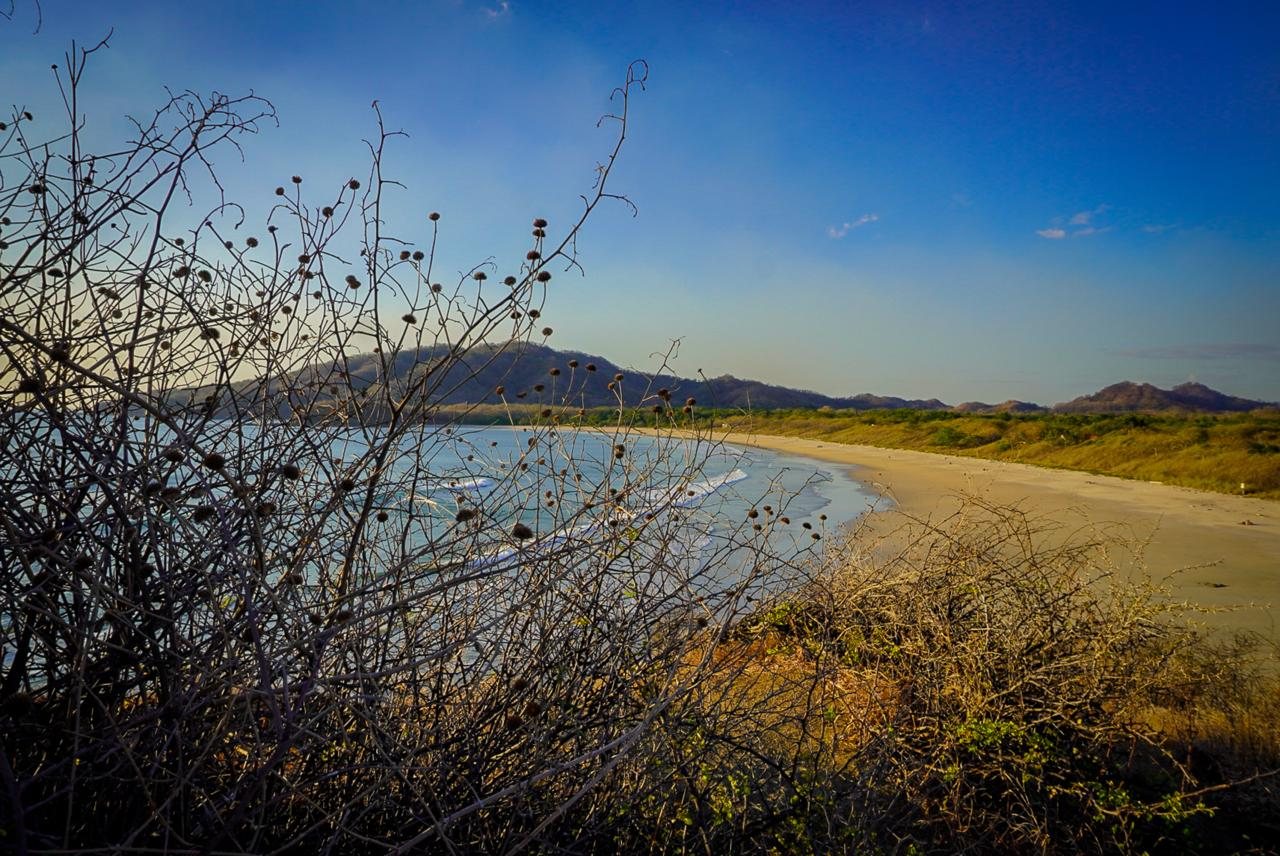 Quiet sandy beach bordered by dry tropical vegetation and distant hills